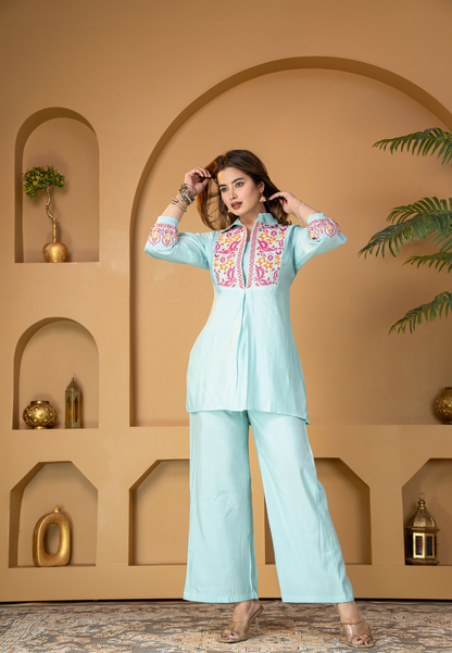 Aqua Blue Muslin Silk Co-Ords Set