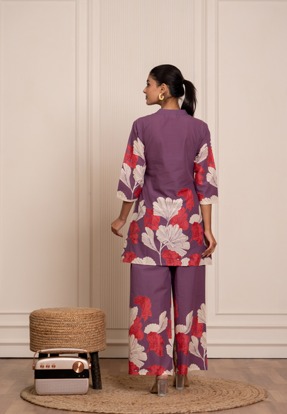 Vibrant Lavender Ensemble with Red Blossoms & Off-White Leaf Motifs
