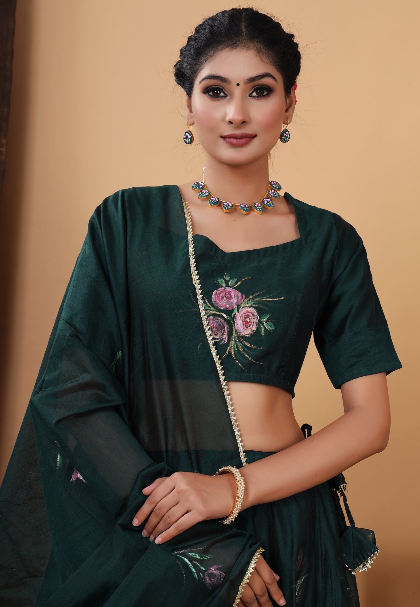 Formal Bottle Green Handpainted Lehenga Set