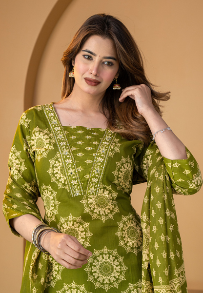 Olive Green Floral Printed Kurta Set with Dupatta