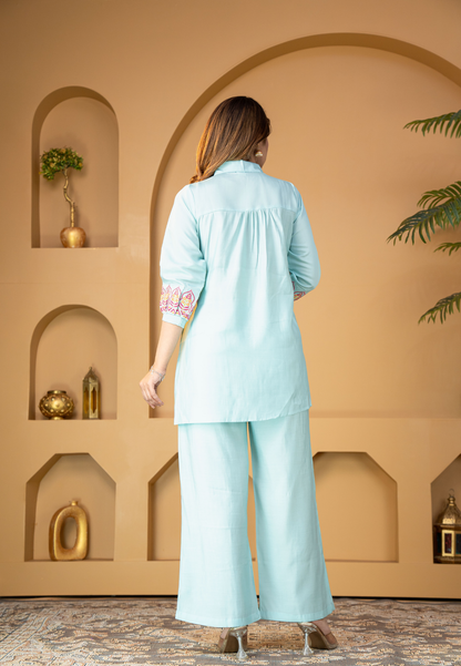 Aqua Blue Muslin Silk Co-Ords Set