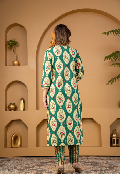 Emerald Green Floral Printed Kurta Set with Dupatta