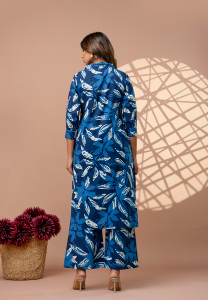 Bold & Beautiful in Blue Leaf Print Cotton Kurta Set
