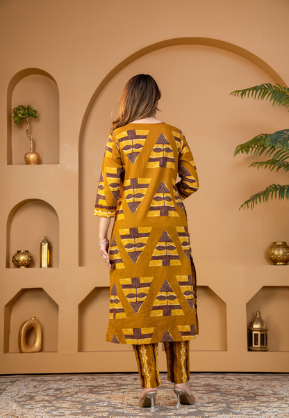 Mustard Geometric Printed Kurta Set with Dupatta
