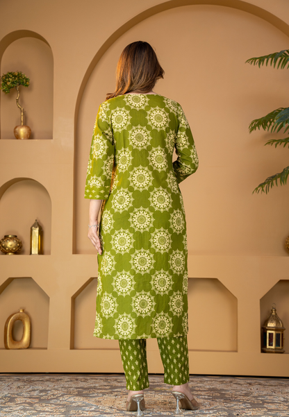 Olive Green Floral Printed Kurta Set with Dupatta
