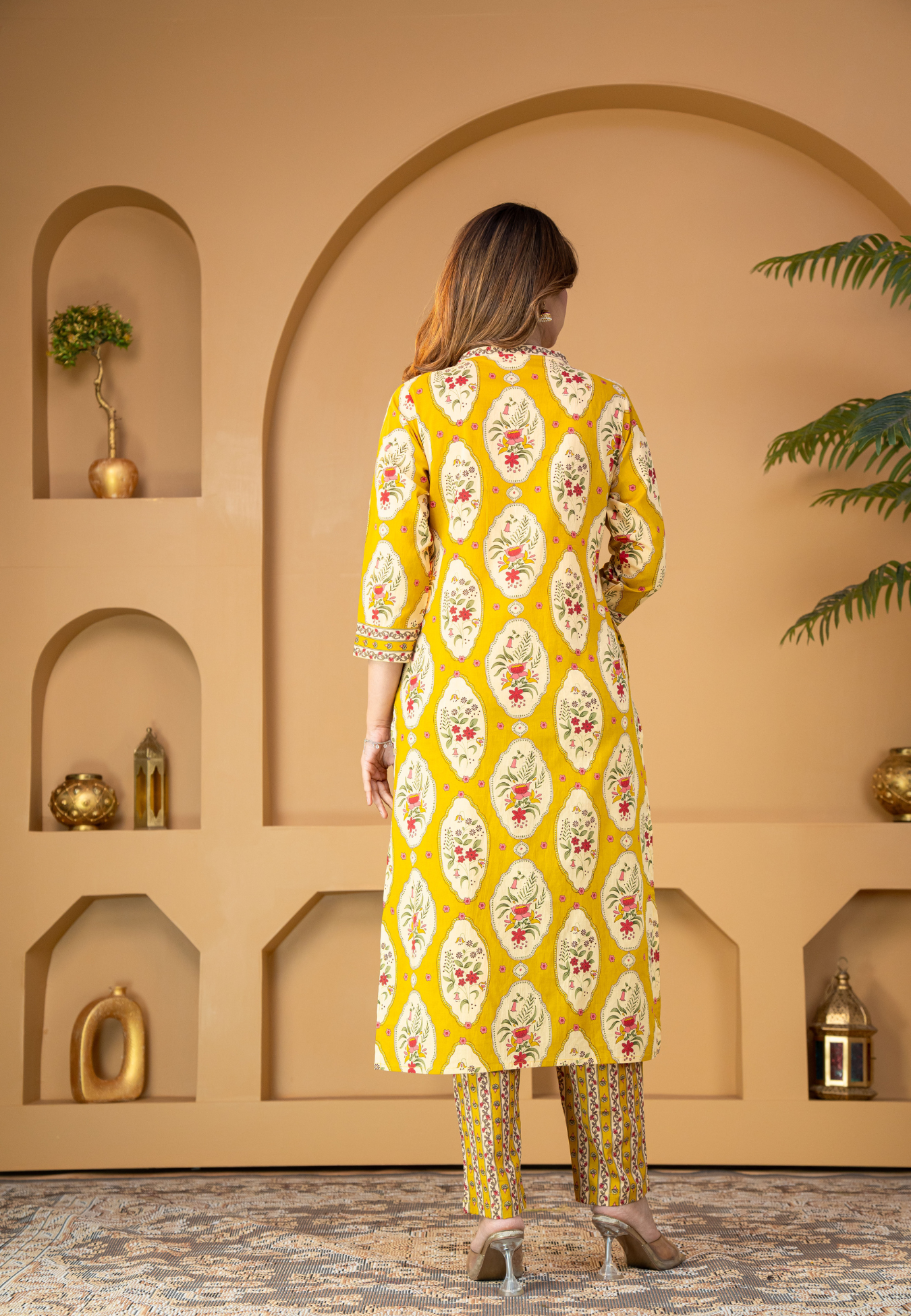 Yellow Ethnic Kurta Set with Floral Motifs & Dupatta
