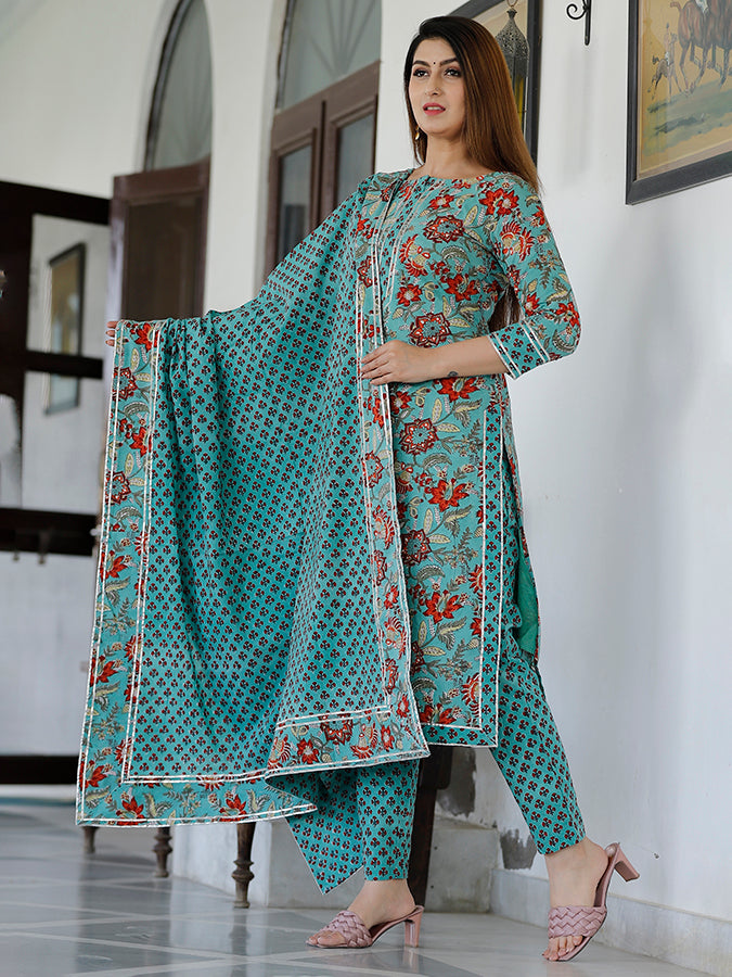 Green Turqouise Hand Block Printed Kurta Set.