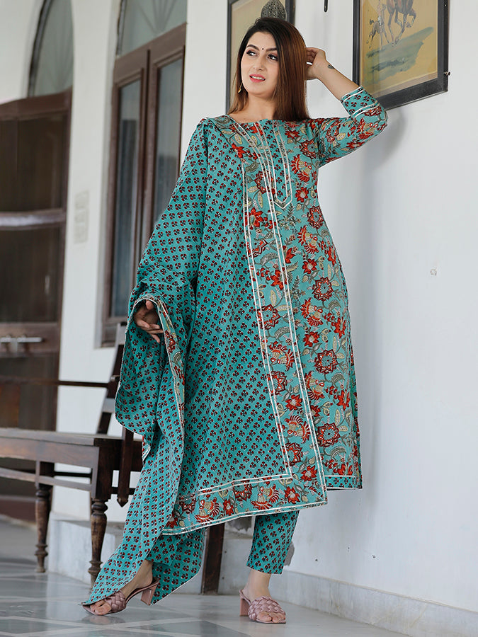 Green Turqouise Hand Block Printed Kurta Set.