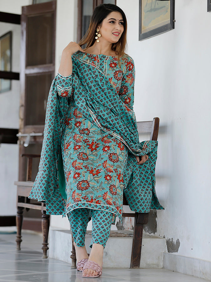 Green Turqouise Hand Block Printed Kurta Set.