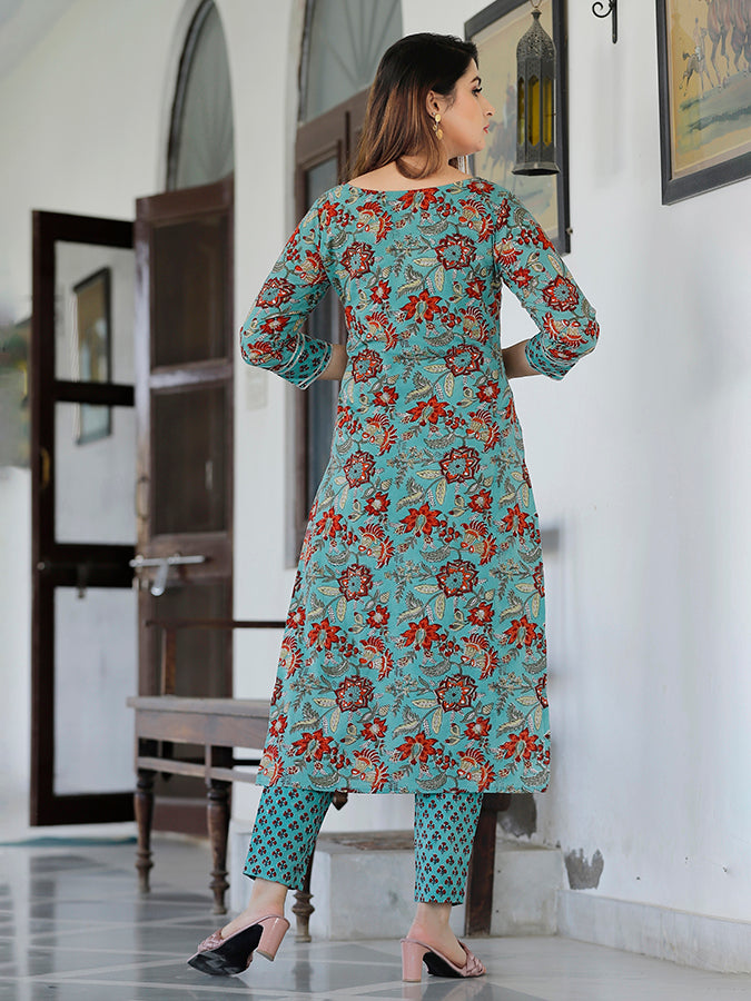Green Turqouise Hand Block Printed Kurta Set.