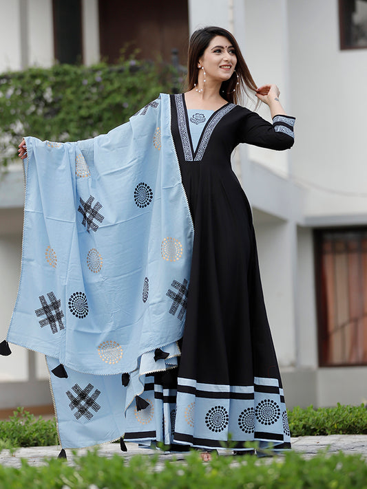 Black Hand Block Printed Anarkali Set.
