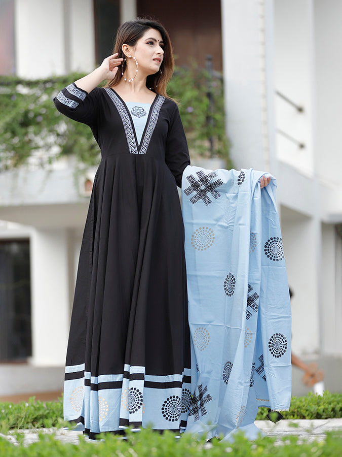 Black Hand Block Printed Anarkali Set.