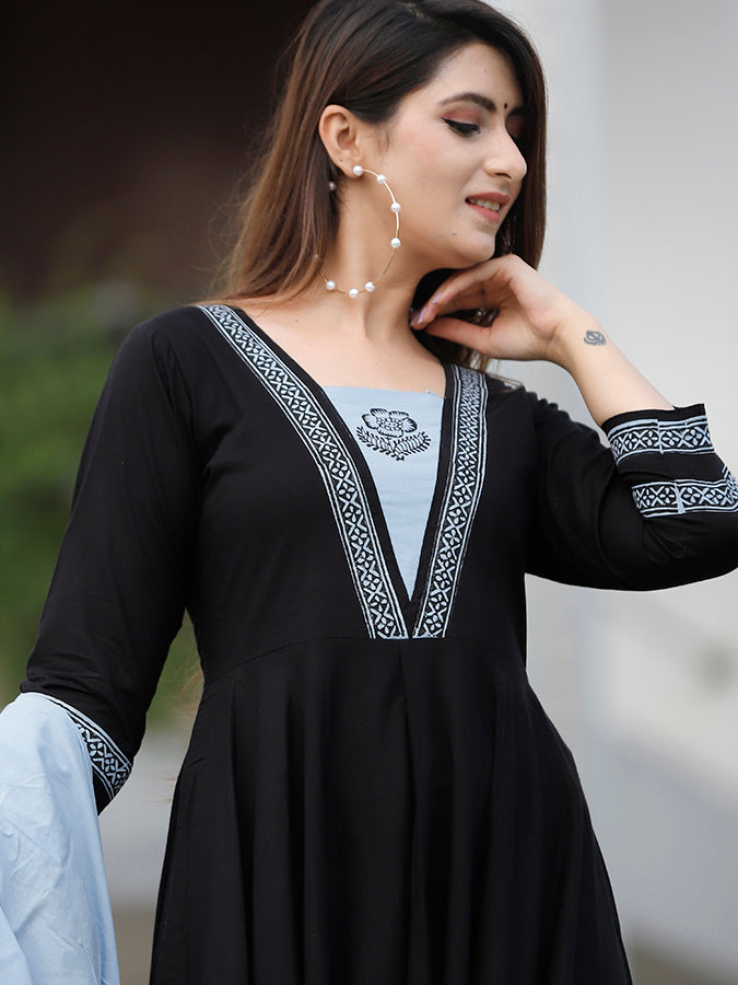 Black Hand Block Printed Anarkali Set.