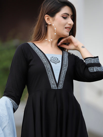 Black Hand Block Printed Anarkali Set.