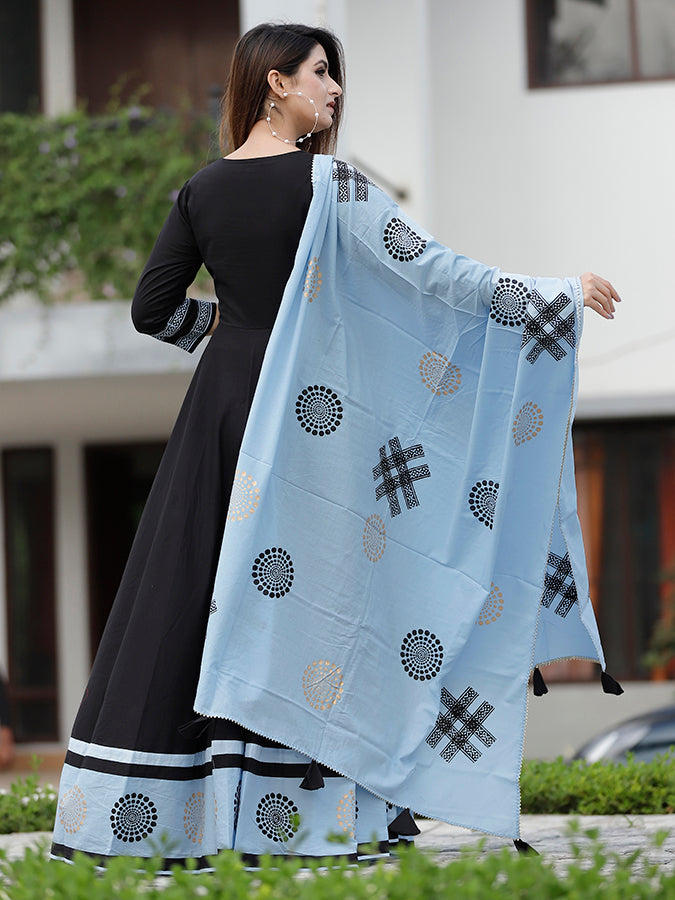 Black Hand Block Printed Anarkali Set.