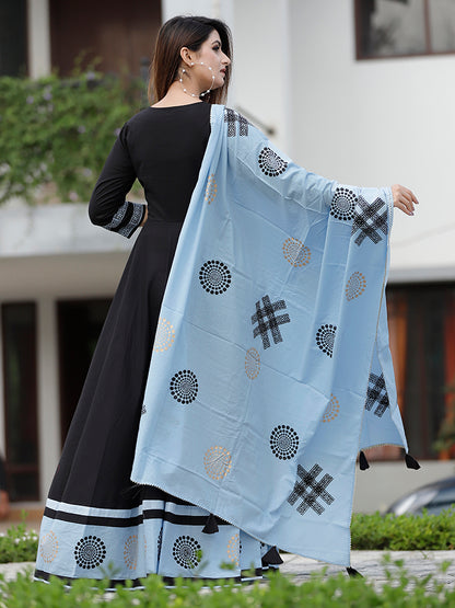 Black Hand Block Printed Anarkali Set.
