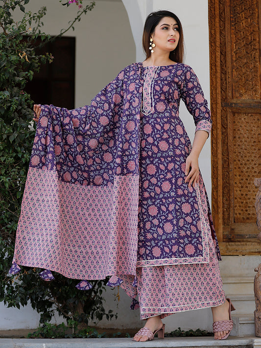 Grape Violet Hand Block Printed Kurta Set