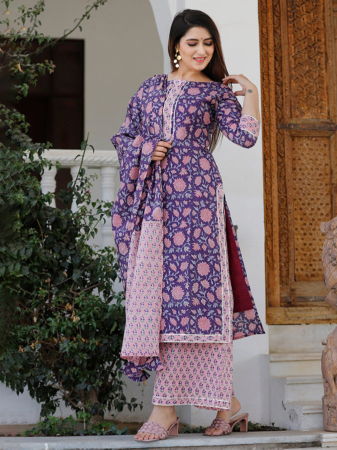 Grape Violet Hand Block Printed Kurta Set