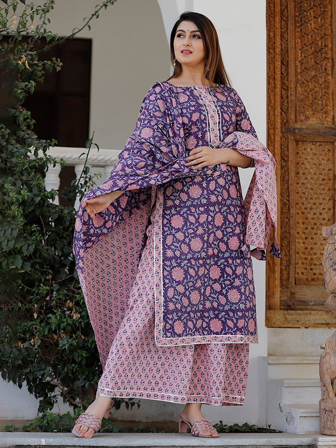Grape Violet Hand Block Printed Kurta Set