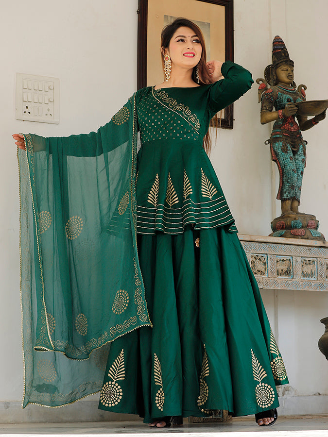 Bottle green hand block printed lehenga choli set.