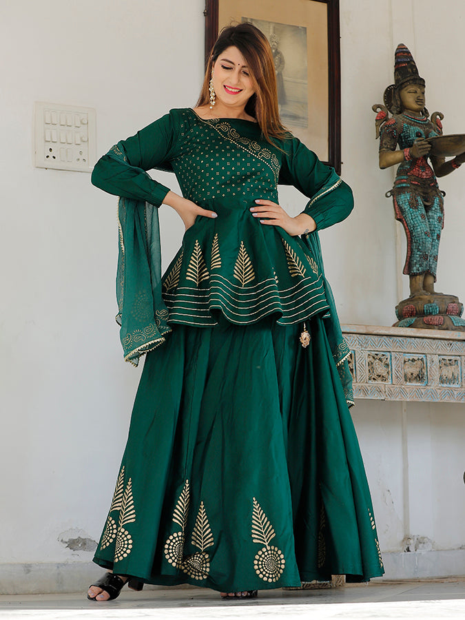 Bottle green hand block printed lehenga choli set.
