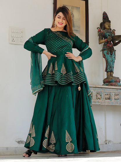 Bottle green hand block printed lehenga choli set.