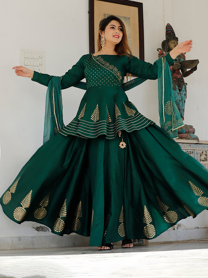 Bottle green hand block printed lehenga choli set.