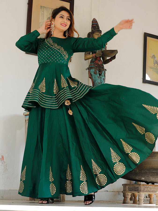 Bottle green hand block printed lehenga choli set.