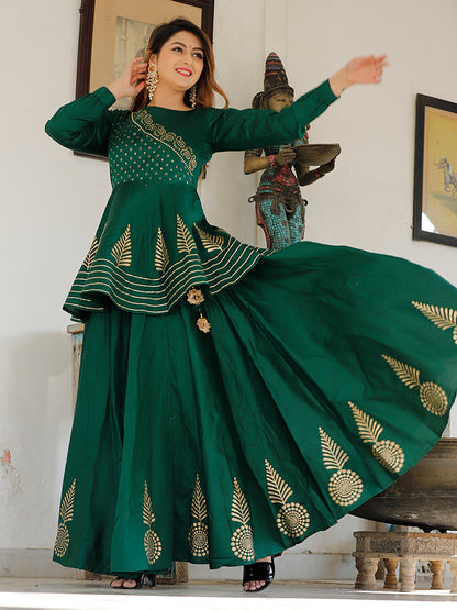 Bottle green hand block printed lehenga choli set.