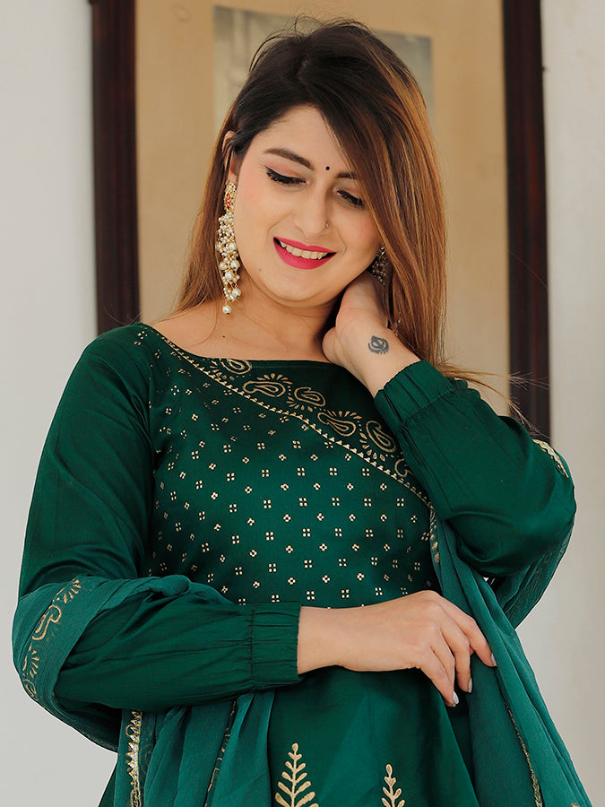 Bottle green hand block printed lehenga choli set.