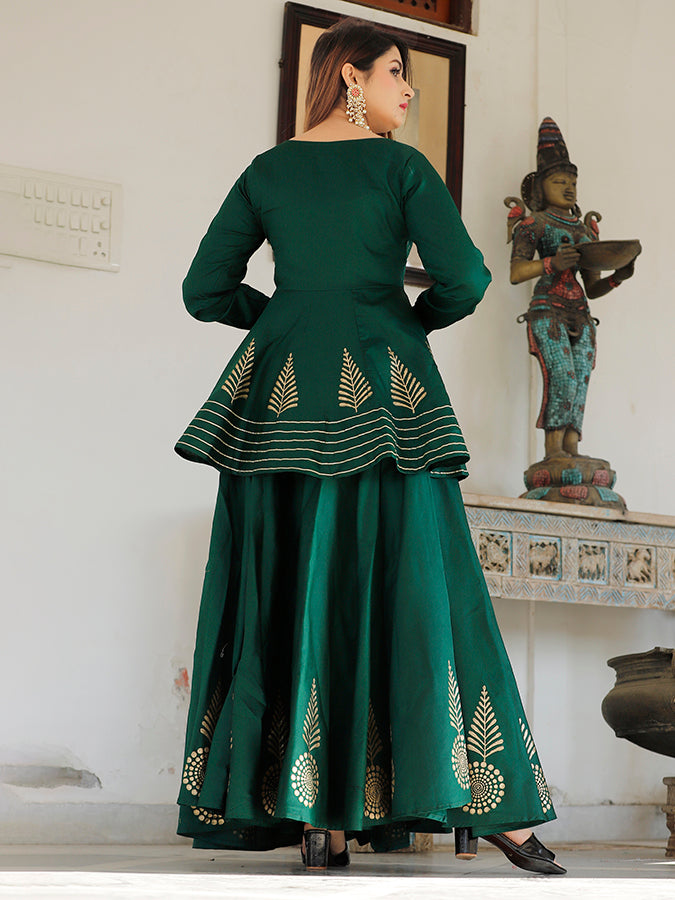 Bottle green hand block printed lehenga choli set.