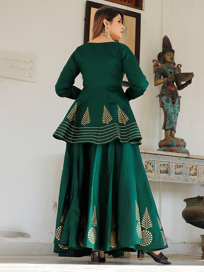 Bottle green hand block printed lehenga choli set.