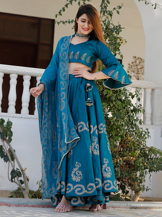 Rama Blue Hand Block Printed Lehenga Set