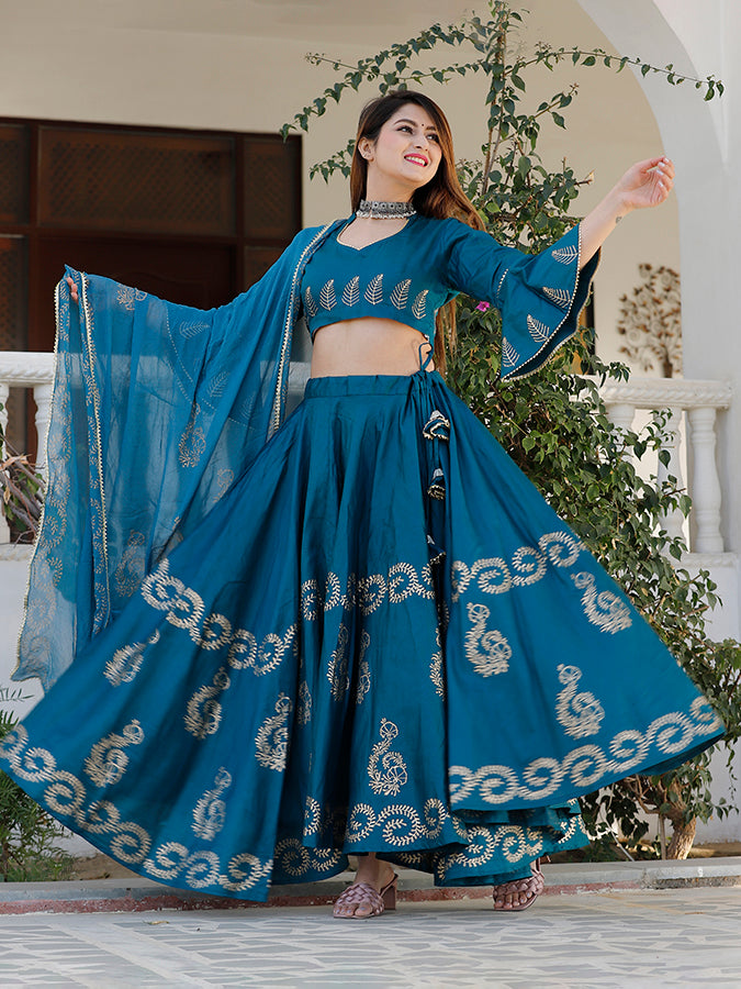 Rama Blue Hand Block Printed Lehenga Set