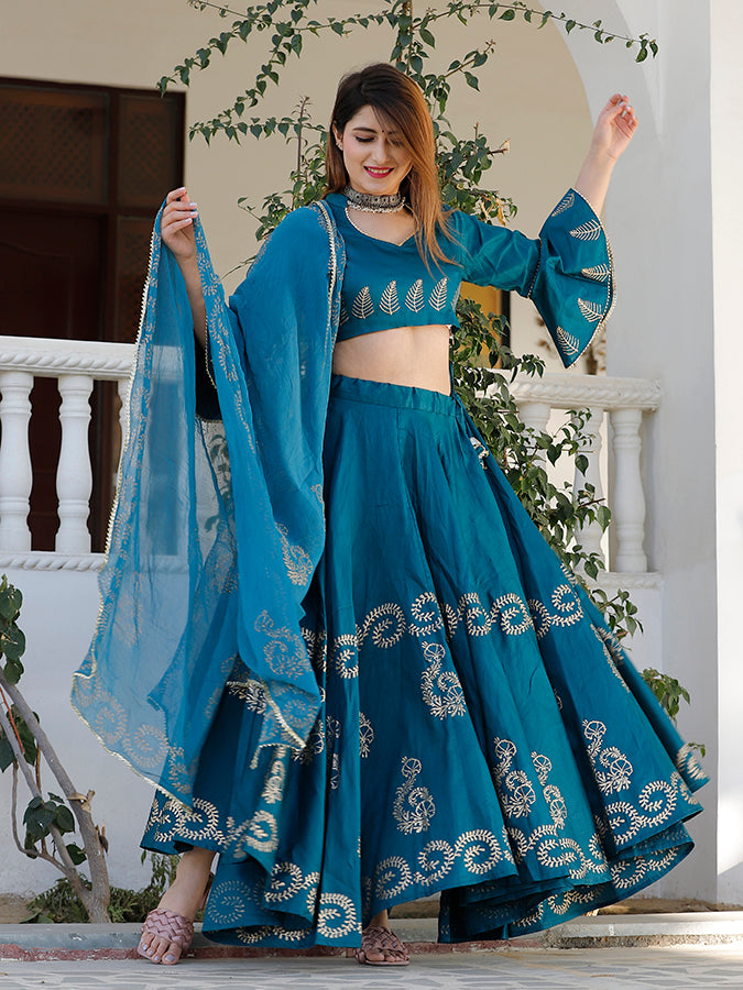 Rama Blue Hand Block Printed Lehenga Set