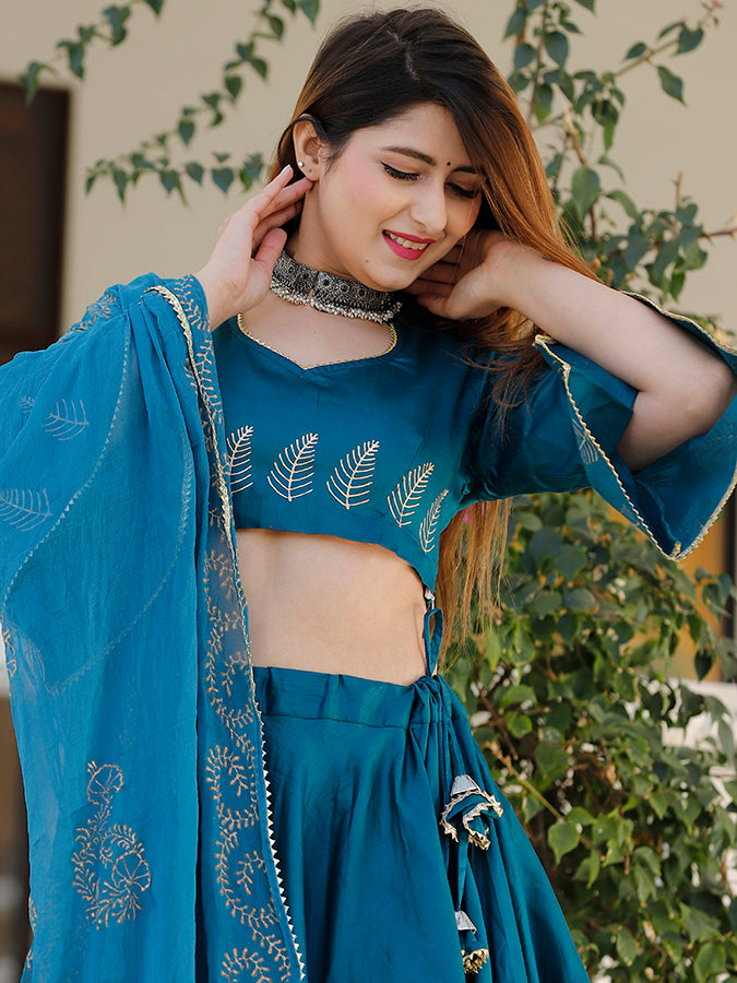 Rama Blue Hand Block Printed Lehenga Set