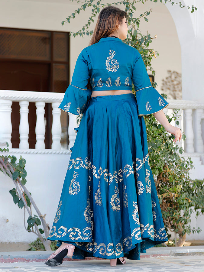 Rama Blue Hand Block Printed Lehenga Set