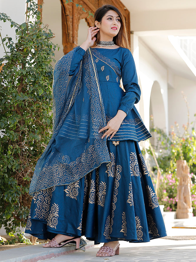 Blue Hand Block Printed Lehenga Set