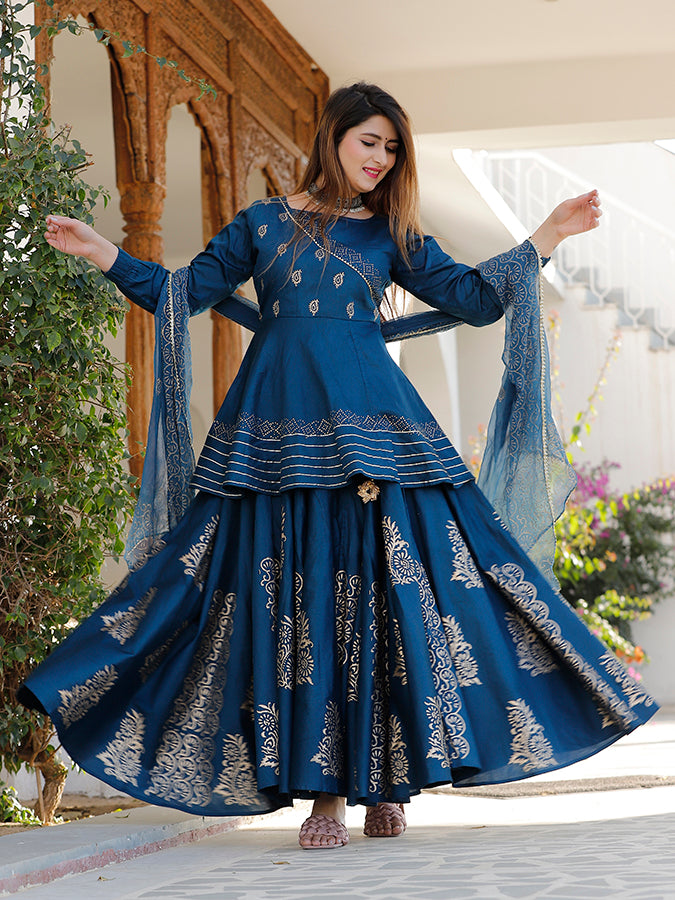 Blue Hand Block Printed Lehenga Set