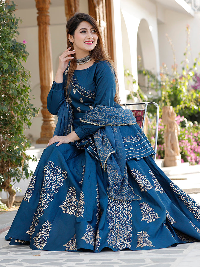 Blue Hand Block Printed Lehenga Set
