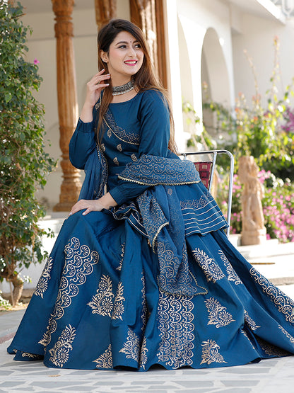 Blue Hand Block Printed Lehenga Set