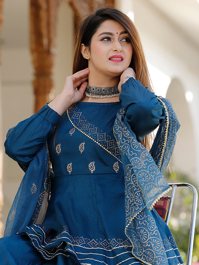 Blue Hand Block Printed Lehenga Set