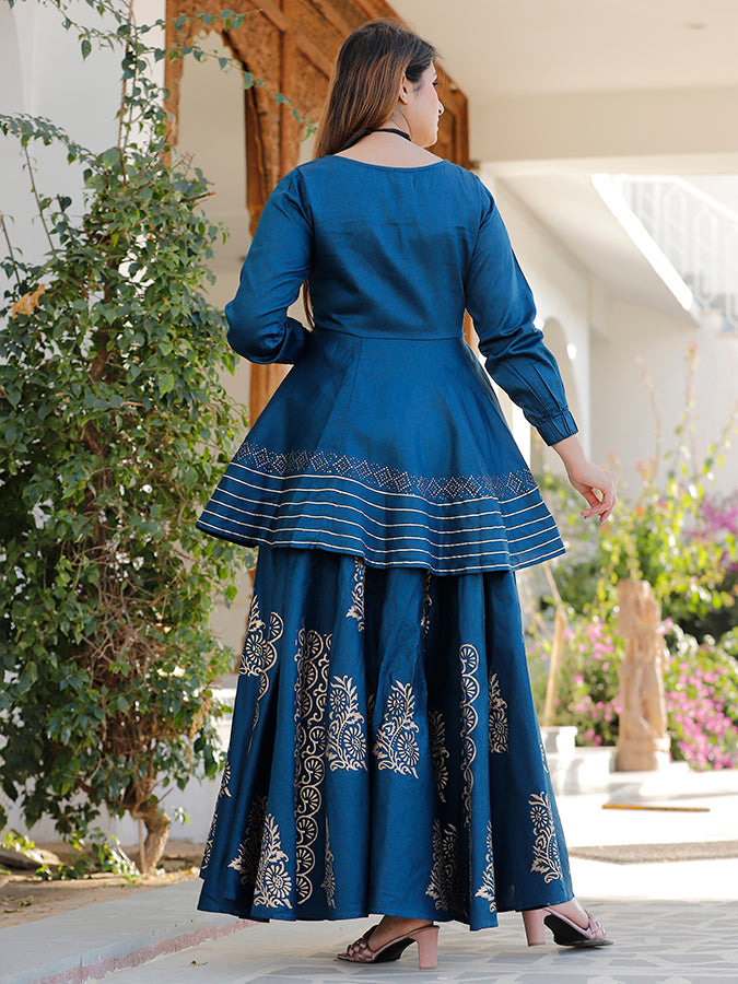 Blue Hand Block Printed Lehenga Set