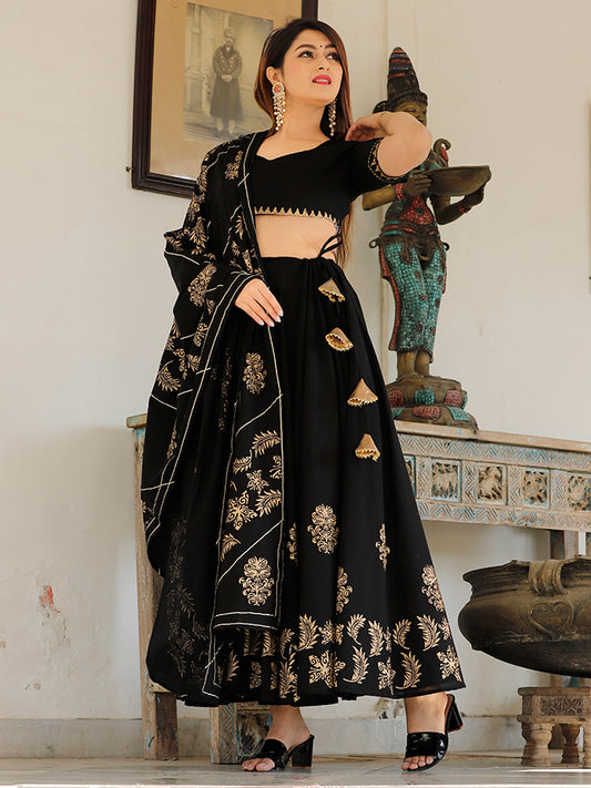 Black Hand Block Printed Lehenga Set