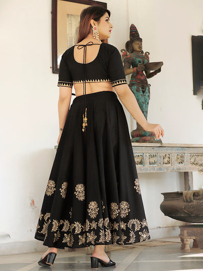 Black Hand Block Printed Lehenga Set