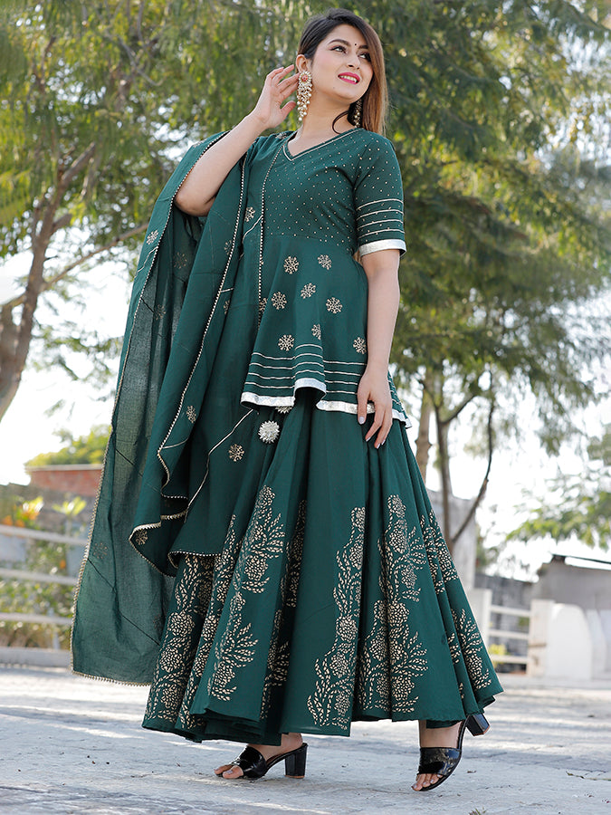 Bottle Green Hand Block Printed Lehenga Set