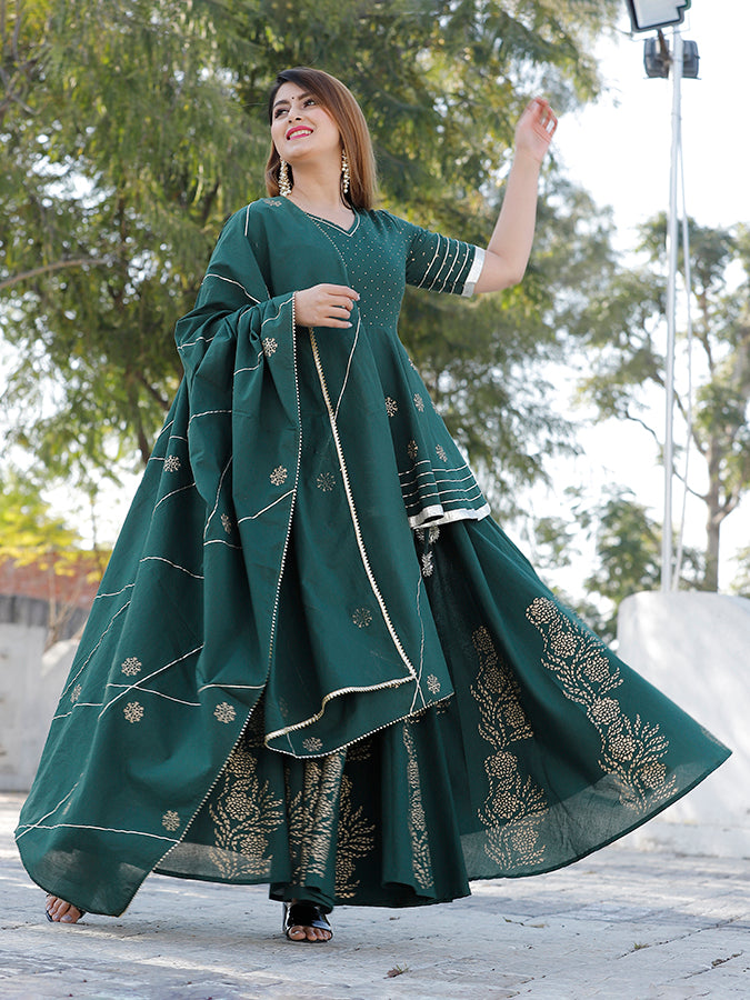 Bottle Green Hand Block Printed Lehenga Set