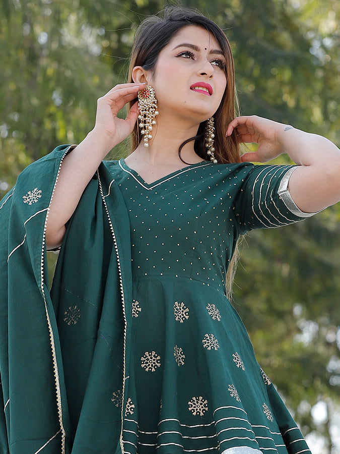 Bottle Green Hand Block Printed Lehenga Set