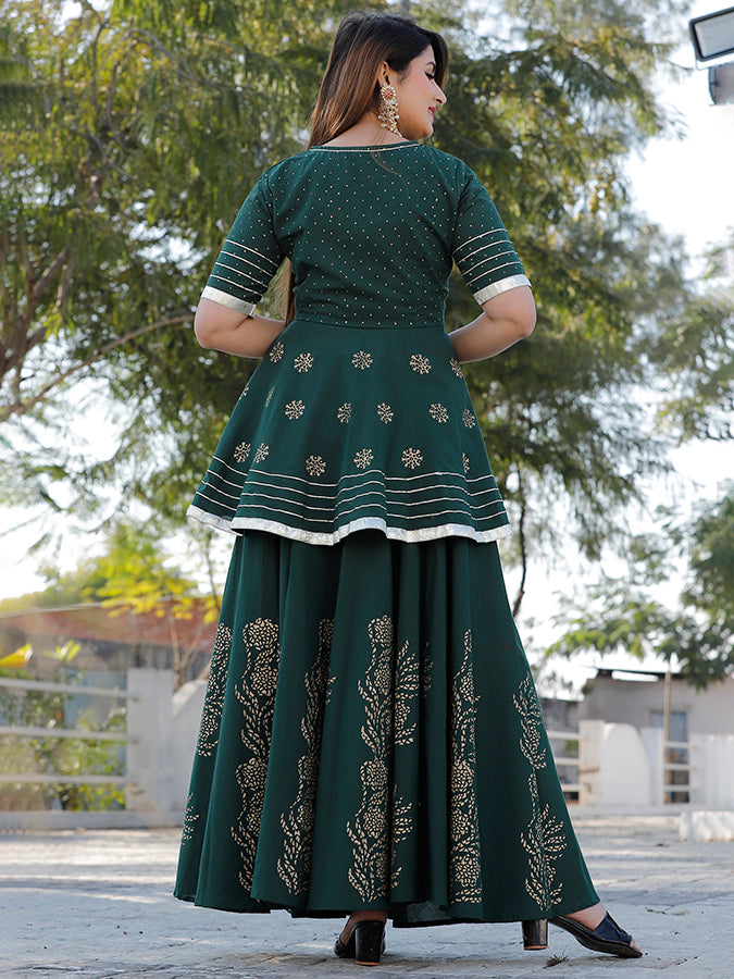 Bottle Green Hand Block Printed Lehenga Set