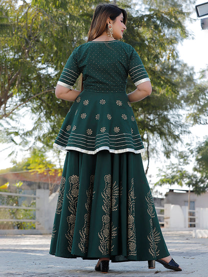 Bottle Green Hand Block Printed Lehenga Set